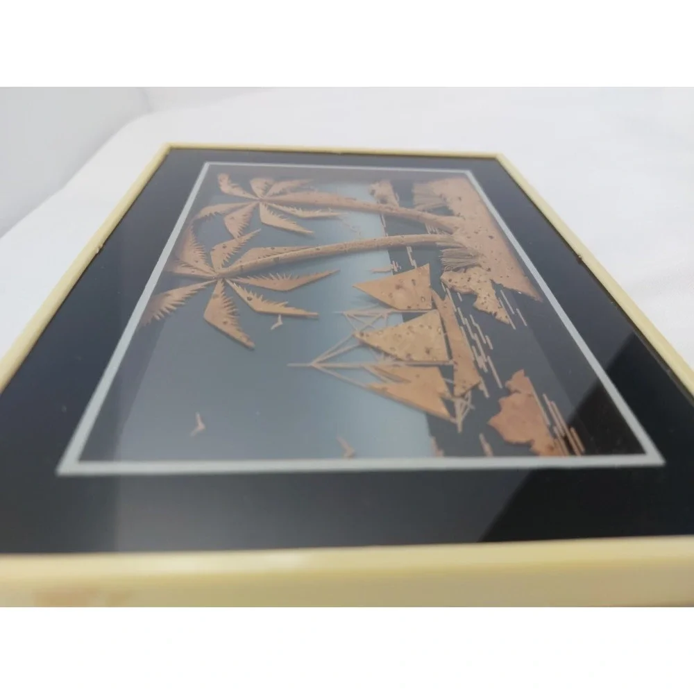 VTG Cork Carved Ocean Scene Diorama Wall‎ Shadow Box Sailboat Palm
